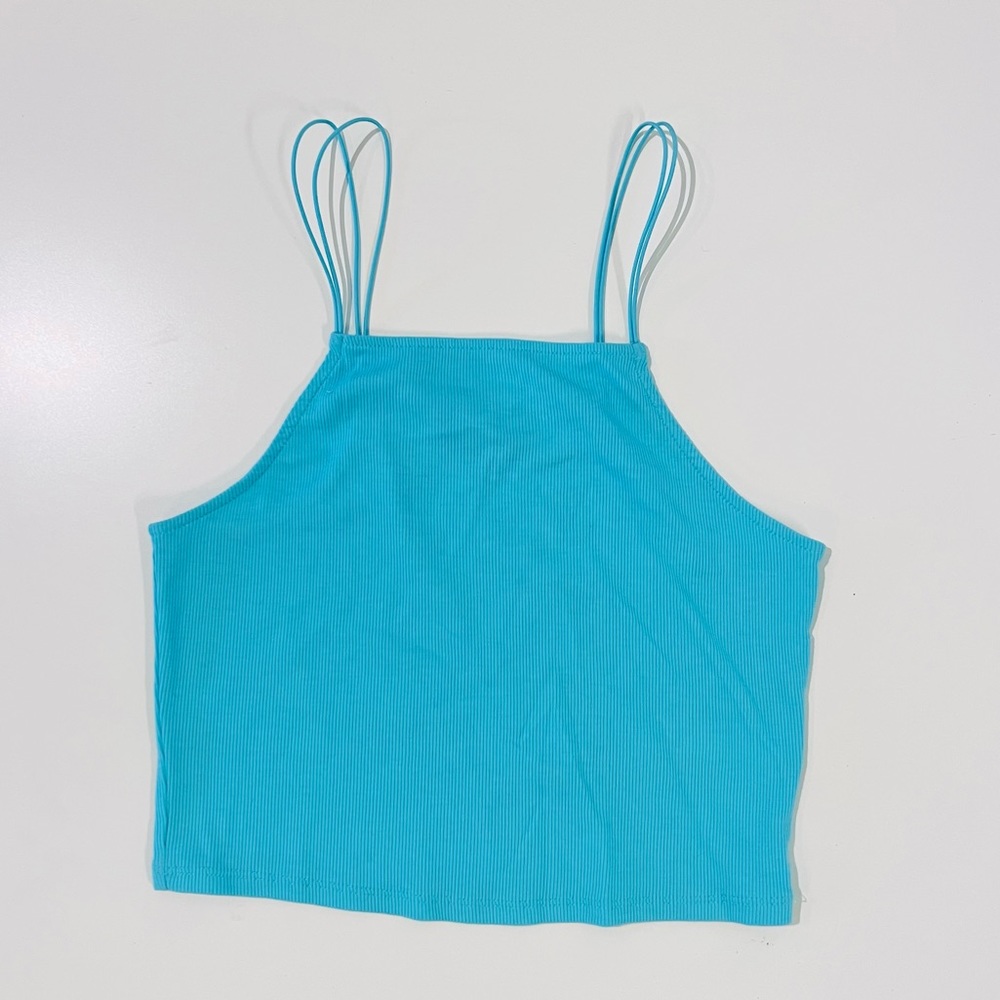 Wild Fable Teal Mint Green Ribbed Thin Strap Strappy High Neck Crop Tank Top